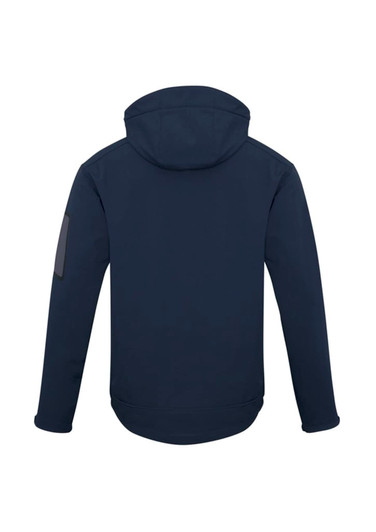 A soft shell jacket in navy blue featuring a hood and a logo on the sleeve.