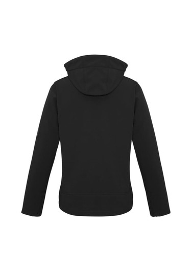 A black women's soft shell jacket with a hood, featuring a logo on the sleeve.