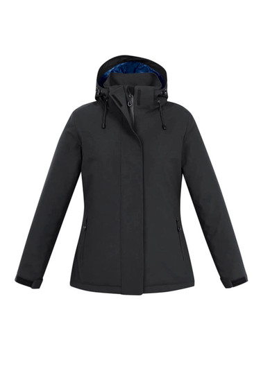 A grey women's rain jacket featuring a hood, zippered pockets, and a contrasting inner lining.