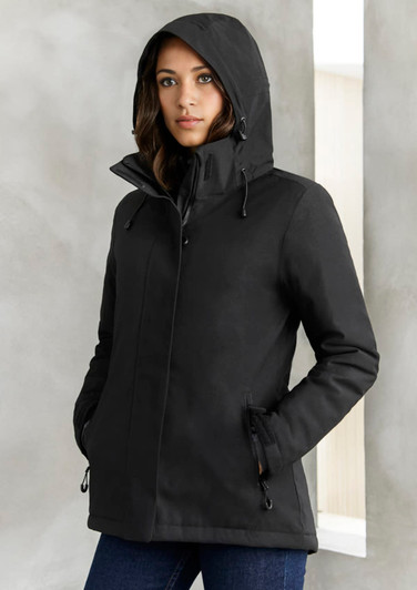 A black women's rain jacket with a hood and pockets, featuring a logo on the front.