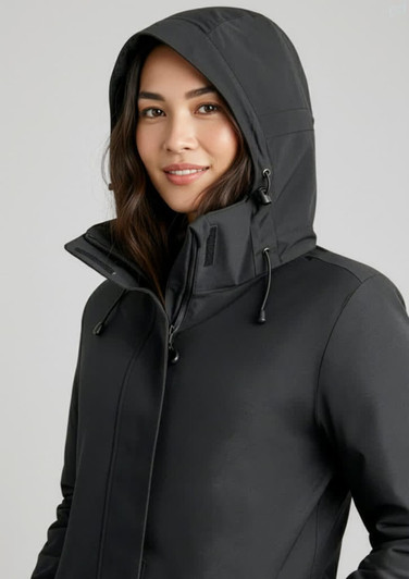 A black women's jacket with a hood, featuring a stylish design and a logo on the chest.