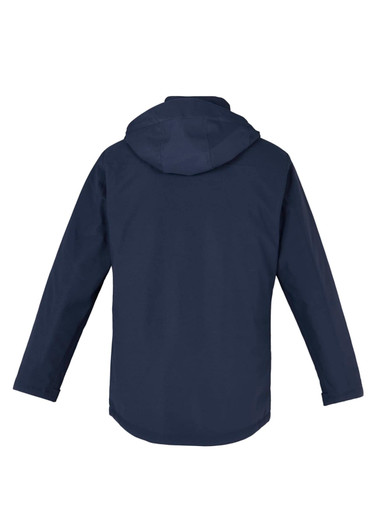A navy rain jacket with a hood, featuring long sleeves and a plain design on the back. It includes a logo.