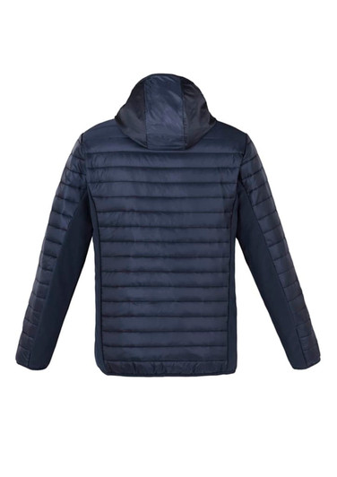 A unisex soft shell jacket in navy blue with a hood, showcasing a quilted design on the back and a logo.