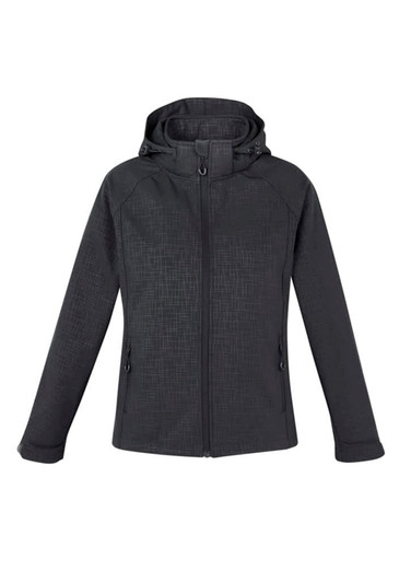 A women's soft shell jacket in dark grey with a textured pattern, featuring a hood and zipper closures.