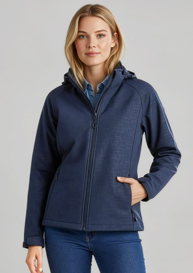 A navy blue soft shell jacket featuring a hood, zip front, and side pockets, worn by a model.