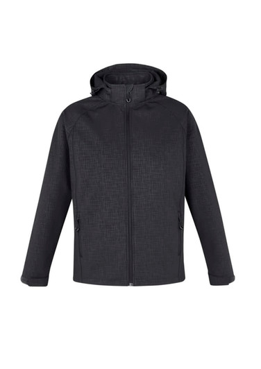 A soft shell jacket in dark grey featuring a hood and two side pockets, with a logo on the chest.