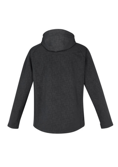 A soft shell jacket in dark grey with a hood, featuring a textured design and a logo on the back.