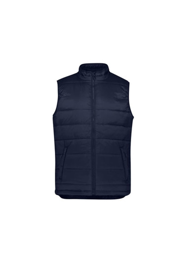 A navy blue men's alpine vest featuring a zip closure and two front pockets. It has a logo on it.