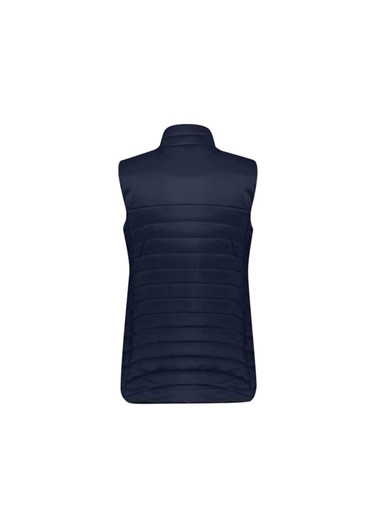 A navy women's expedition vest with a high collar and quilted design, featuring a logo on the back.