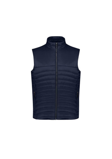 A navy blue men's expedition vest with a high collar and zippered front. It features two side pockets and a branding logo.