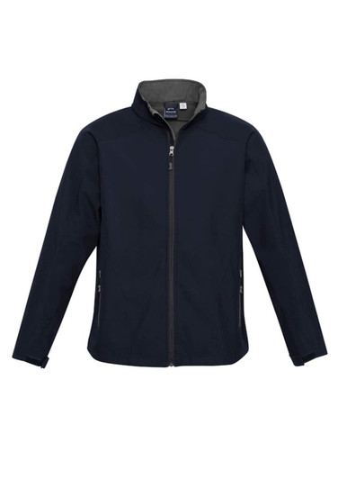 A navy jacket with a stand-up collar, featuring a zip front and side pockets, includes a logo.