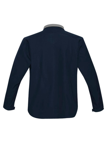A navy jacket with a contrasting grey collar, featuring long sleeves and a sleek design. It has a logo on the back.