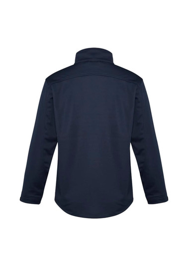 A navy men's softshell jacket featuring a high collar and long sleeves, with a logo on the back.