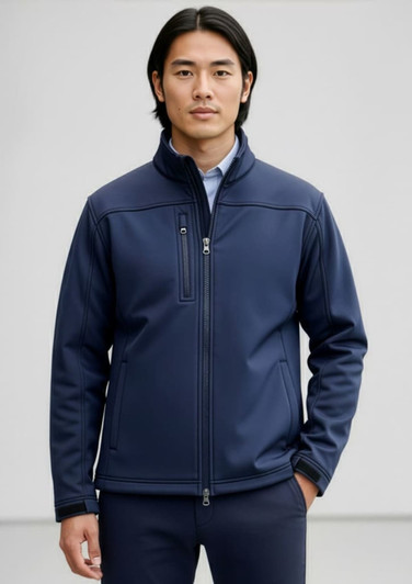 A navy men's softshell jacket with a high collar and zippered pockets, featuring a logo on the chest.