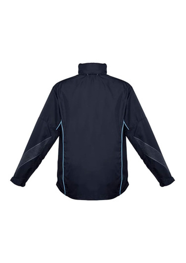 A unisex black jacket featuring light blue accents, designed with long sleeves and a high collar. It has a logo.