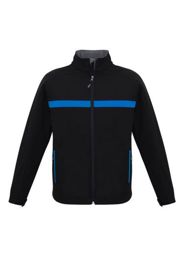 A black unisex soft shell jacket with blue accents and zippers, featuring a logo on the front.