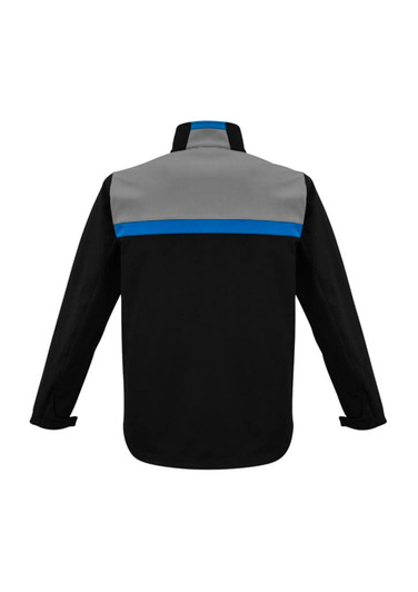 A unisex soft shell jacket in black, with grey and blue accents, featuring a logo on the back.