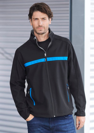 A unisex soft shell jacket in black with blue accents, featuring a zippered front and pockets. It has a logo.