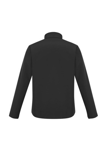 A black kids' jacket with long sleeves and a high collar, featuring a logo on the back.