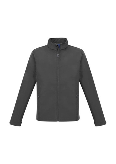 A soft shell jacket in grey with long sleeves and a high collar, featuring zippered pockets and a logo.