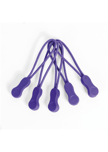 Five purple Zippies with elastic cords and grip handles arranged together.