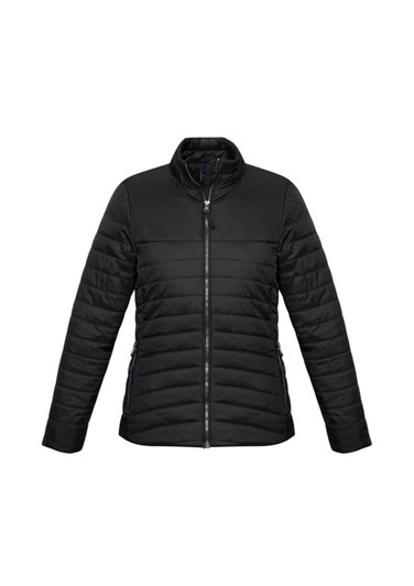 A black women's puffer jacket with a zip front and ribbed collar, featuring side pockets and a logo.