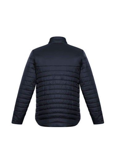 A mens puffer jacket in black, featuring a quilted texture and a high collar, with a logo on the back.