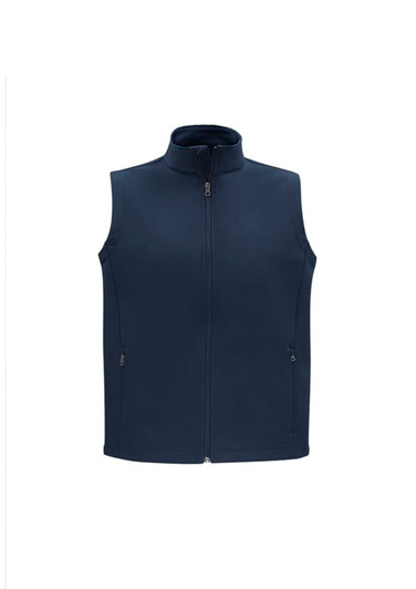 A navy vest with a high collar and zip closure, featuring two side pockets and a logo.