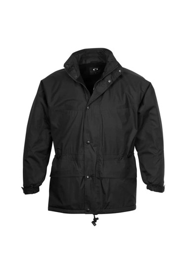 A black unisex puffer jacket featuring a detachable hood and adjustable drawstring at the waist. It has a logo present.