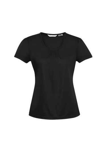 A black women's chic top with short sleeves and a scoop neck design. It has a branding logo on the tag.