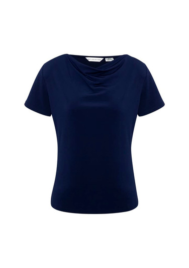 A navy blue women's top with a cowl neckline and short sleeves, featuring a logo.