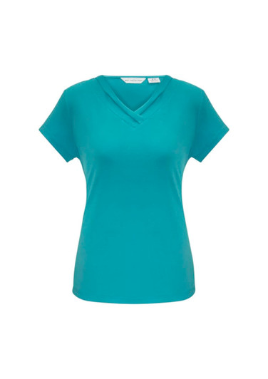 A teal women's short sleeve top with a v-neck design and a logo on the label.