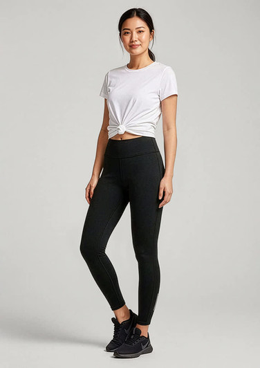 A woman stands wearing black leggings and a white t-shirt, featuring a logo on the leggings.