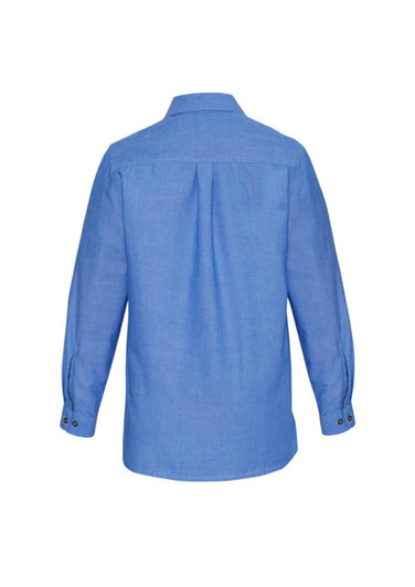 A blue women's chambray long sleeve button-up shirt with a plain back and buttoned cuffs.