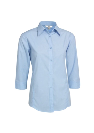 A light blue women's button-up shirt with a micro check pattern and 3/4 sleeves. It features a collar and has a logo.