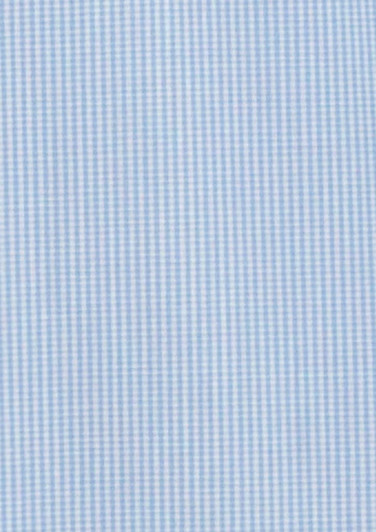 A light blue micro check fabric ideal for a men's button-up shirt, featuring a subtle check pattern and a branding logo.