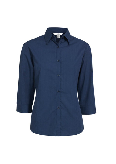Navy blue women's 3/4 sleeve button-up shirt with a micro check pattern and a logo.