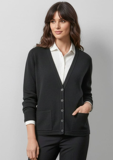 A black women's woolmix cardigan with a V-neck, long sleeves, and pockets, paired with a white shirt underneath.