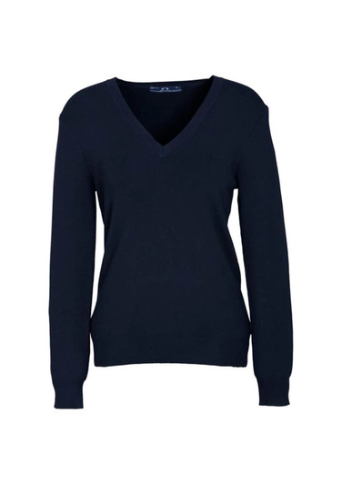 A women's navy V-neck knitted pullover featuring long sleeves and a relaxed fit.