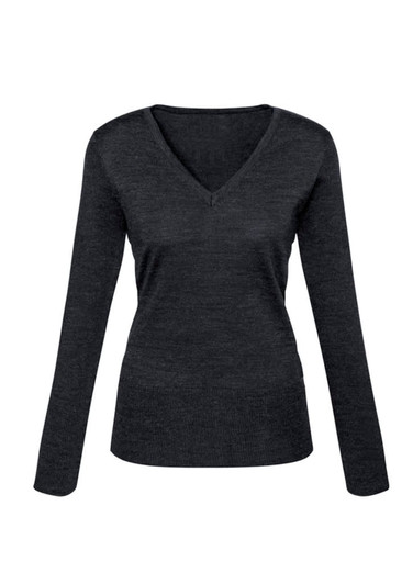 A women's Milano pullover in dark grey, featuring a V-neck and long sleeves. It has a simple design with no visible logos.