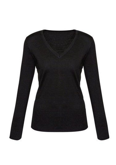 A black women's Milano pullover featuring a V-neck and long sleeves, with a fitted design and ribbed hem.