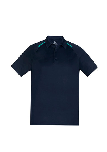 A navy short sleeve polo shirt featuring contrasting green accents and a logo on the chest.
