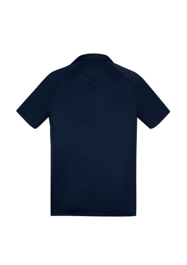 A navy short sleeve polo shirt featuring a classic collar and a back view with a logo.