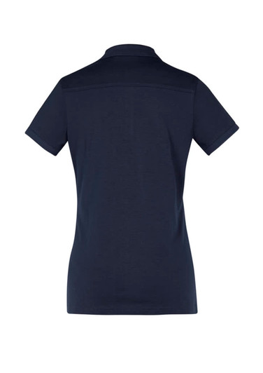 A navy women's short sleeve polo shirt with a classic collar, featuring a logo on the front.