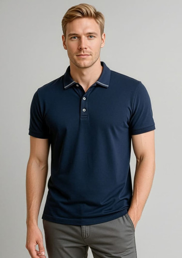 A mens short sleeve polo in navy blue with a collar and a logo.