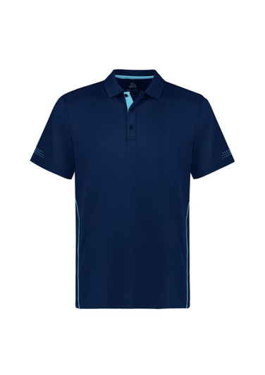 A navy blue kids' polo shirt with short sleeves and light blue accents, featuring a logo on the chest.