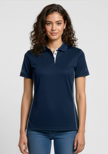 A navy women's short sleeve polo shirt featuring a white collar and subtle logo details.