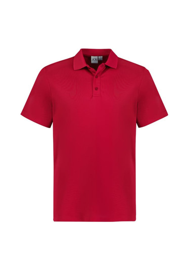 A red short sleeve polo shirt featuring a collar and a logo on the chest.