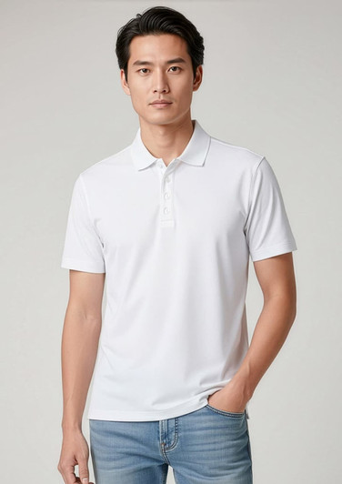 A white short sleeve polo shirt displayed on a male model, featuring a collar and a logo.