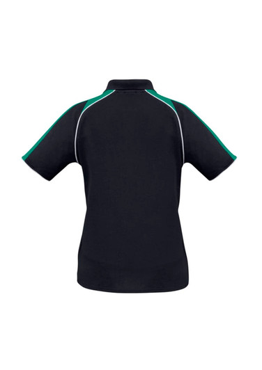 A women's short sleeve polo shirt in black with green accents and a logo on the back.